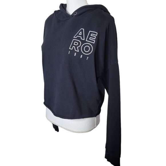 Aeropostale Sweatshirt Cropped Raw Edge Hem Black Hoodie Womens Medium - Picture 3 of 8